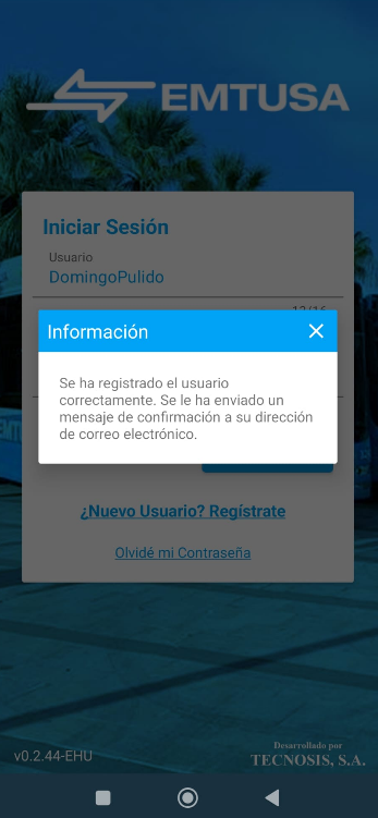 Confirmación de registro correcto