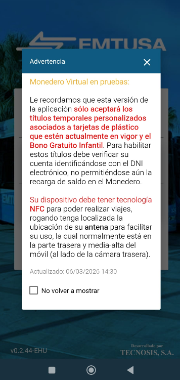 Aviso del Monedero Virtual en pruebas