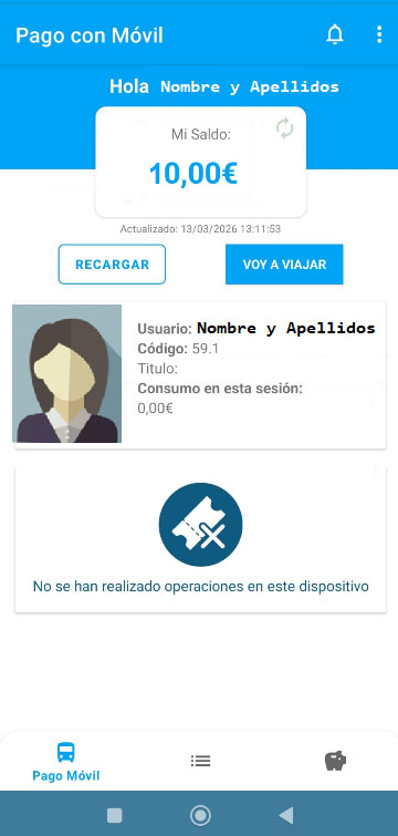 Pantalla principal de un usuario identificado con saldo de monedero