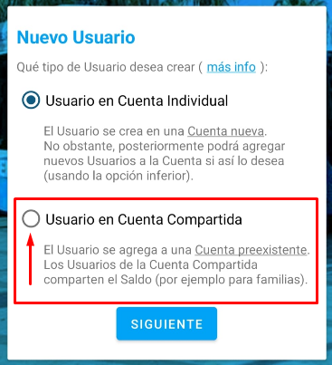 Selección de la opción Cuenta Compartida en el registro