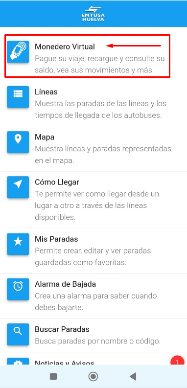 Menú de la App con la opción Monedero Virtual