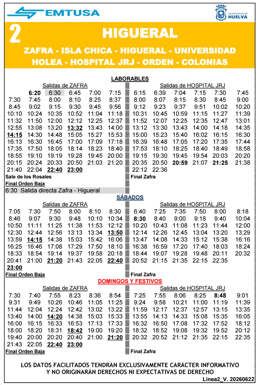 horario emtusa linea 2 20260622